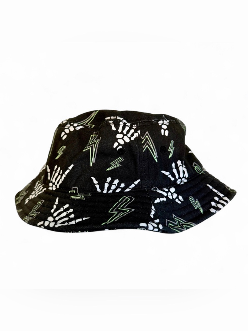 Vans Black Bucket Hat with White Skeleton Hands & Green Lightning